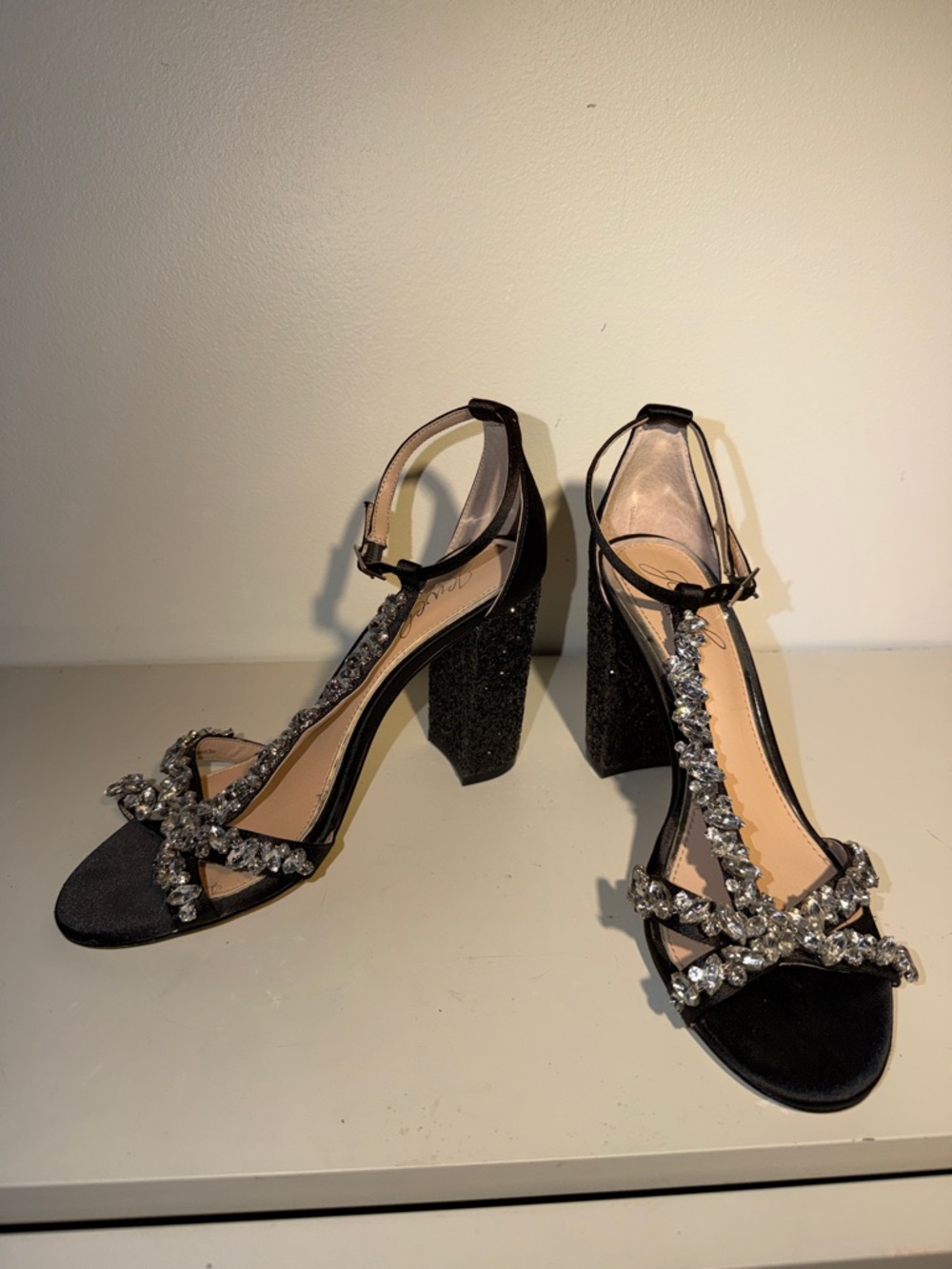 Jewel Badgley Mischka Black Crystal-Embellished Block Heel Sandals.Sz 7 Chic - Picture 2 of 12